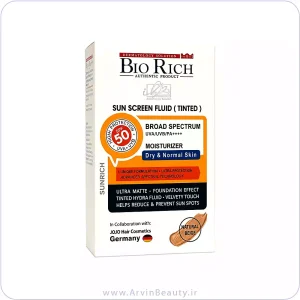 فلوئید ضد آفتاب رنگی بژ طبیعی بایوریچ +SPF50 مناسب پوست های خشک و نرمال حجم 50 میلی لیتر