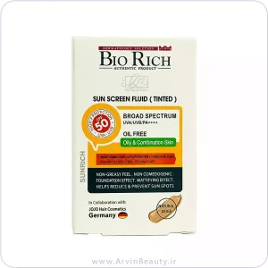 فلوئید ضد آفتاب رنگی پژ طبیعی بایوریچ +SPF50 مناسب پوست های چرب و مختلط حجم 50 میلی لیتر