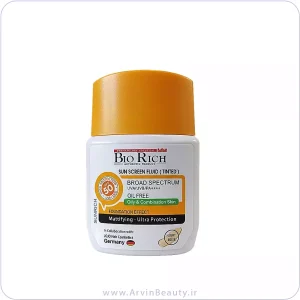 فلوئید ضد آفتاب رنگی بژ روشن بایوریچ +SPF50 مناسب پوست های چرب و مختلط حجم 50 میلی لیتر
